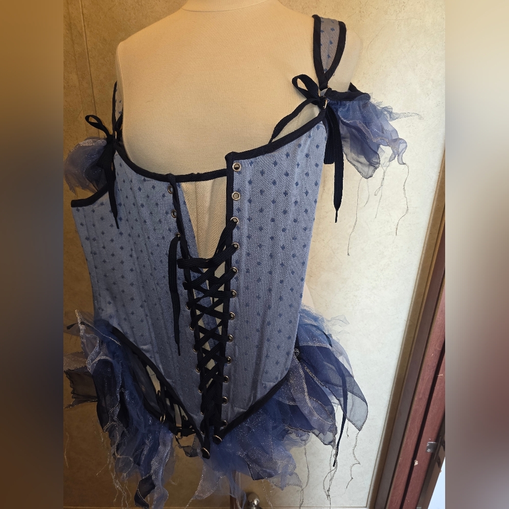 Blue Lace-Up Corset with Tulle Accents